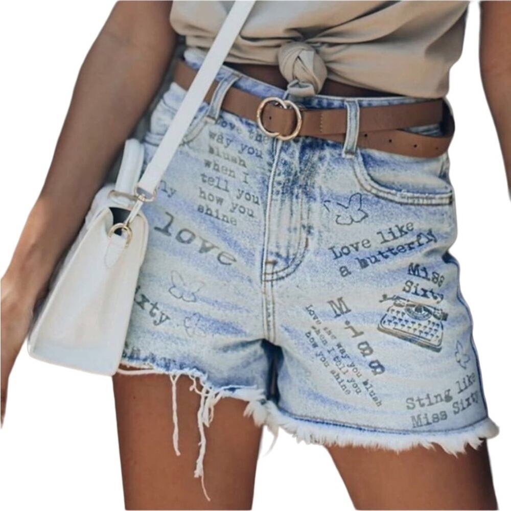 MISS SIXTY Limited Edition Graphic Denim Shorts Women 25 City Cottage Boho Coast